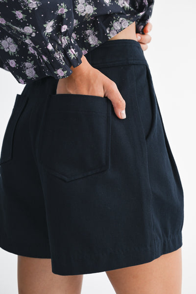 Navy Pleated Shorts