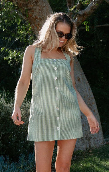 canvas mini dress Everly Mini Dress, in Field Green Gingham