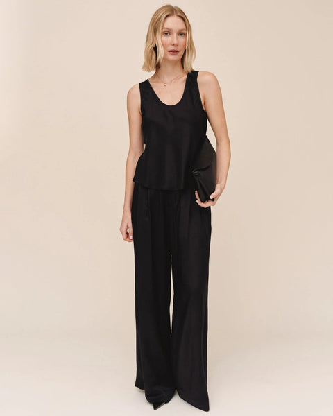 Double Pleat Wide Leg With Elastic Back - Black