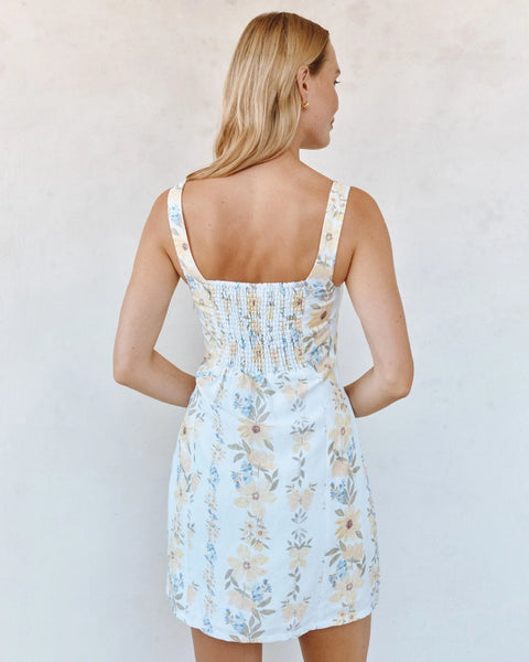 Fitted Smocked Back Mini Dress - Wildflower Stripes Print