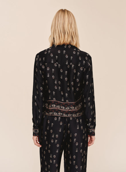 Long Sleeve Crop Shirt - Floral Border Print