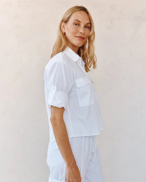 Long Sleeve Crop Utility Shirt - White
