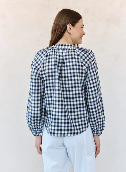 Long Sleeve Shirred Raglan Shirt - Navy Gingham