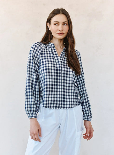 Long Sleeve Shirred Raglan Shirt - Navy Gingham