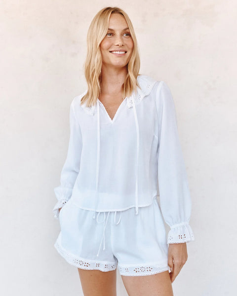 Long Sleeve Tie Neck Ruffle Top - White