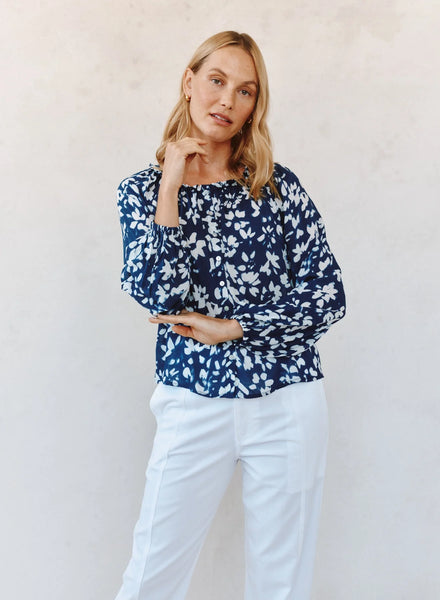 Ruffle Neck Raglan Button Down - Indigo Bloom Print