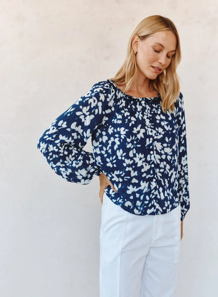 Ruffle Neck Raglan Button Down - Indigo Bloom Print