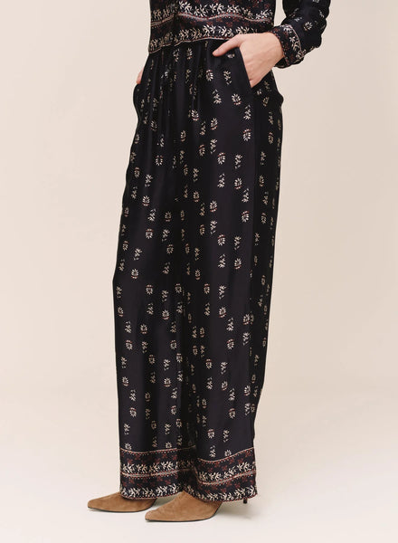 Single Pleat Wide Leg Border Pant - Floral Border Print