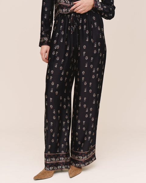 Single Pleat Wide Leg Border Pant - Floral Border Print