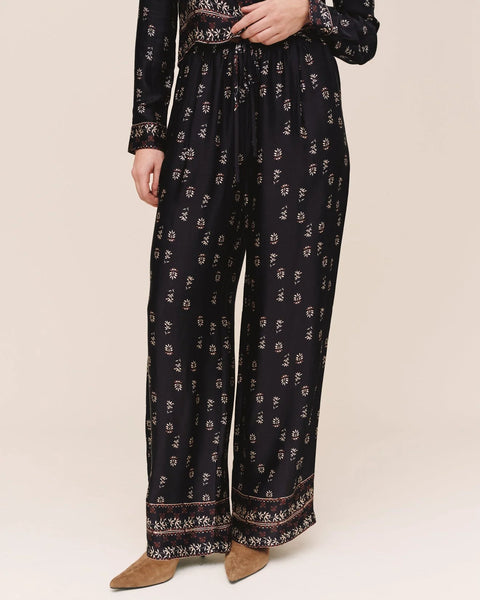 Single Pleat Wide Leg Border Pant - Floral Border Print