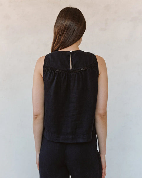 Sleeveless Trimmed Yoke Seam Top - Black
