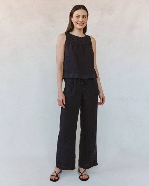 Sleeveless Trimmed Yoke Seam Top - Black