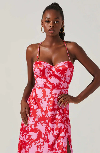 Red floral satin dress clearance