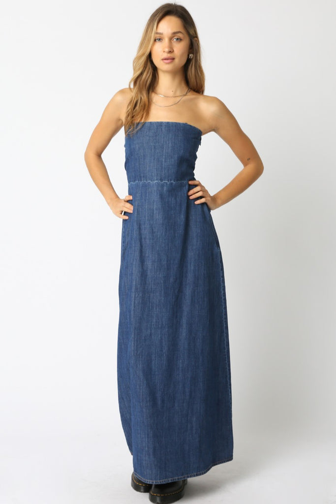 demi denim maxi dress Judith Long Sleeve Tiered Maxi Dress