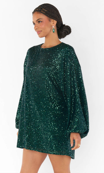 Sure Thing Dress - Emerald Sequins