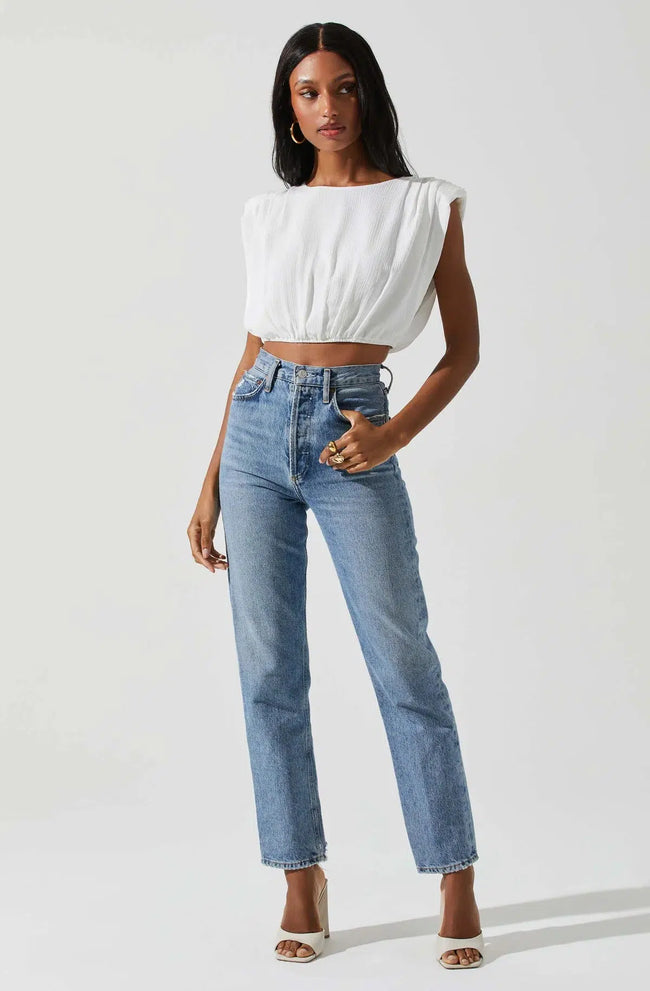 Cropped Balloon Hem Top - White