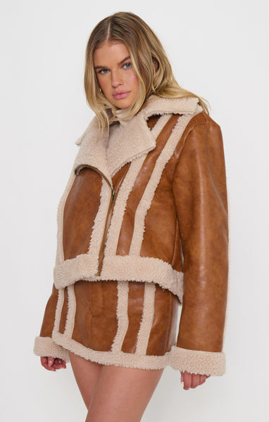 Laurel Canyon Skort in Cognac Faux Leather with Sherpa