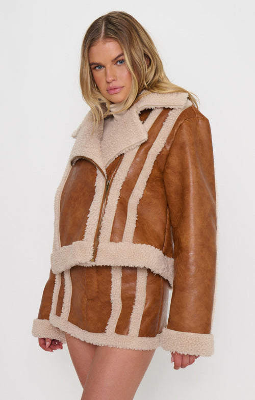 Laurel Canyon Jacket in Cognac Faux Leather with Sherpa