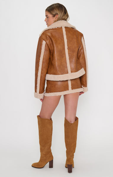 Laurel Canyon Jacket in Cognac Faux Leather with Sherpa