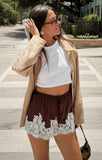 Sandra Shorts in Chocolate Satin with Lace Trim