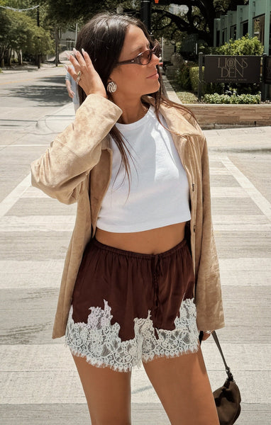Sandra Shorts in Chocolate Satin with Lace Trim