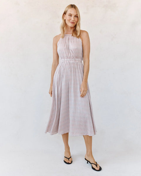 Cut Out Back Midi Halter Dress - Sunwashed Check