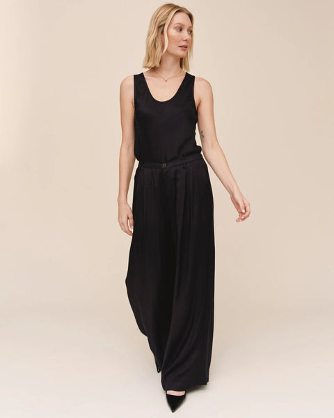 Double Pleat Wide Leg With Elastic Back - Black