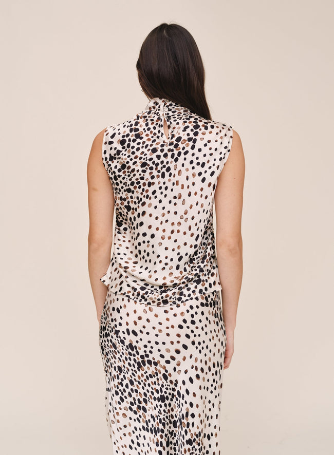 Fitted Cowl Neck Top - Painted Spots Print