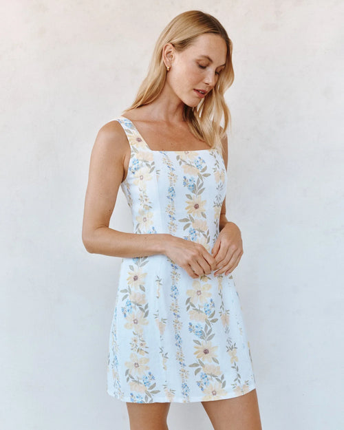 Fitted Smocked Back Mini Dress - Wildflower Stripes Print