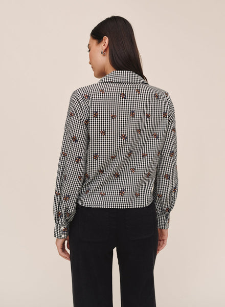 Long Sleeve Crop Button Down - Micro Floral Gingham