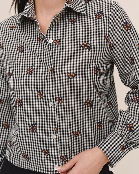 Long Sleeve Crop Button Down - Micro Floral Gingham