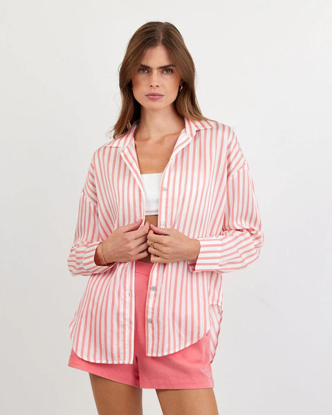 Oversized Button Down - Wild Coral Stripe