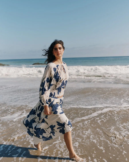 Pleated Tie Front Top - Indigo Iris Print