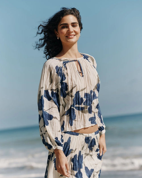 Pleated Tie Front Top - Indigo Iris Print