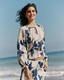 Pleated Tie Front Top - Indigo Iris Print
