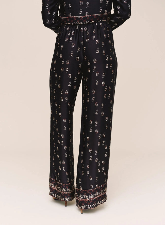 Single Pleat Wide Leg Border Pant - Floral Border Print