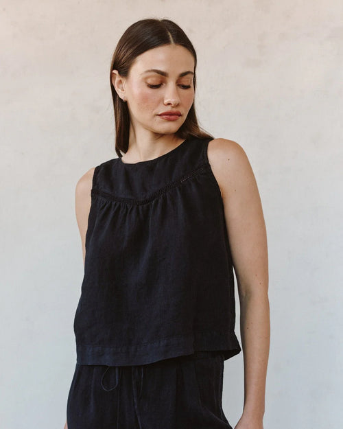 Sleeveless Trimmed Yoke Seam Top - Black