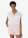 Short Sleeve Flowy Pocket Button Down - White