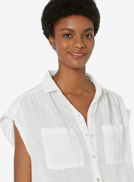Short Sleeve Flowy Pocket Button Down - White