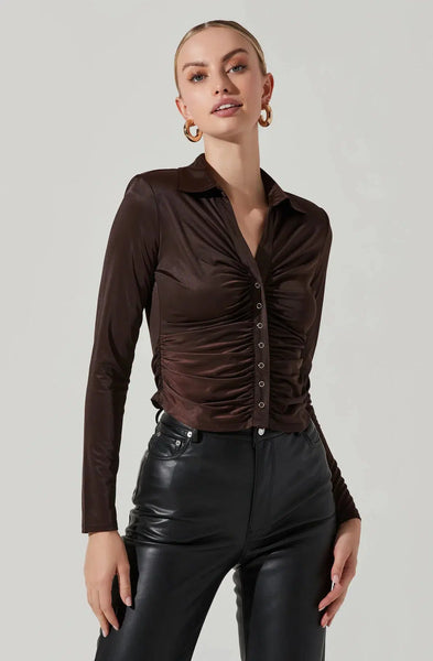 Rowella Ruched Button Down Top - Brown